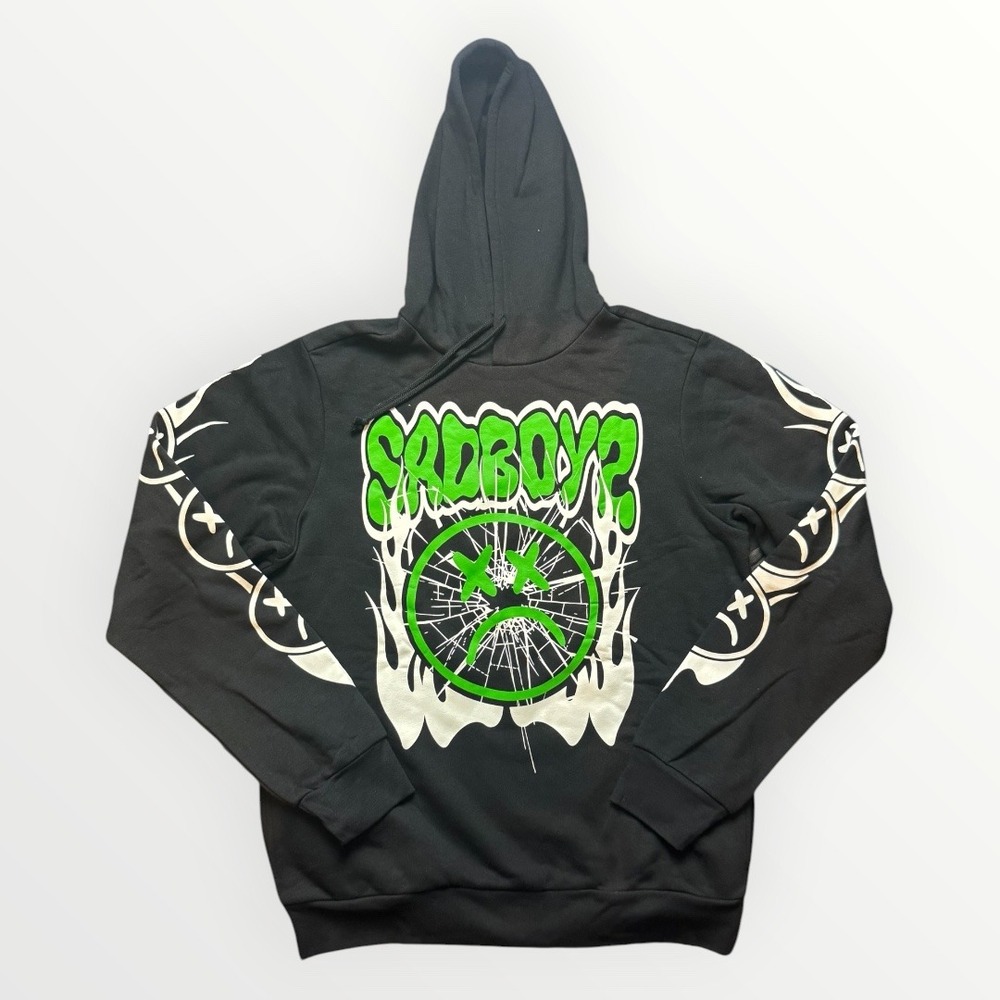 Sad Boyz Junior H Black Graphic Hoodie Green Smiley Face Mens Medium